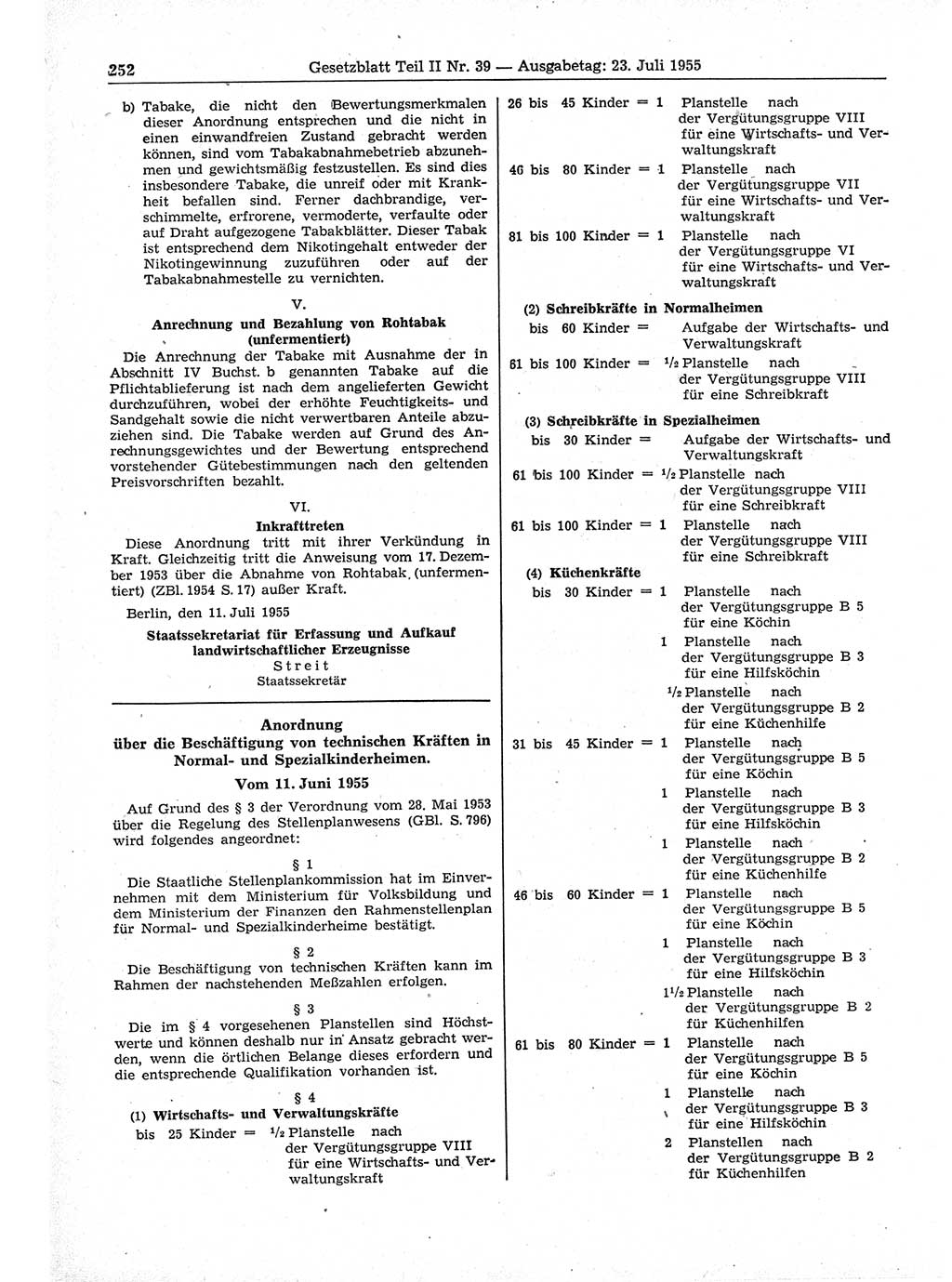 Gesetzblatt (GBl.) der Deutschen Demokratischen Republik (DDR) Teil ⅠⅠ 1955, Seite 252 (GBl. DDR ⅠⅠ 1955, S. 252)