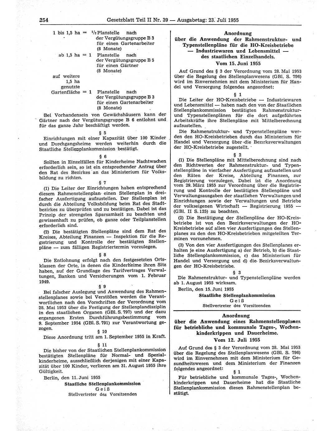 Gesetzblatt (GBl.) der Deutschen Demokratischen Republik (DDR) Teil ⅠⅠ 1955, Seite 254 (GBl. DDR ⅠⅠ 1955, S. 254)
