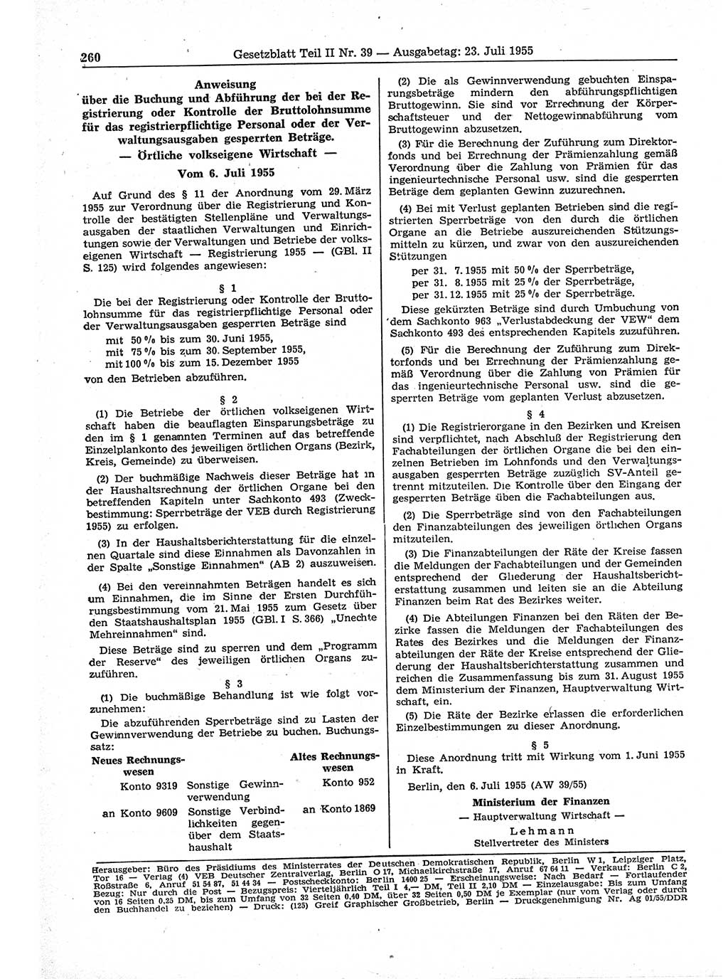 Gesetzblatt (GBl.) der Deutschen Demokratischen Republik (DDR) Teil ⅠⅠ 1955, Seite 260 (GBl. DDR ⅠⅠ 1955, S. 260)