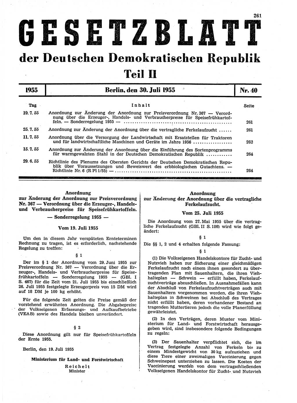 Gesetzblatt (GBl.) der Deutschen Demokratischen Republik (DDR) Teil ⅠⅠ 1955, Seite 261 (GBl. DDR ⅠⅠ 1955, S. 261)