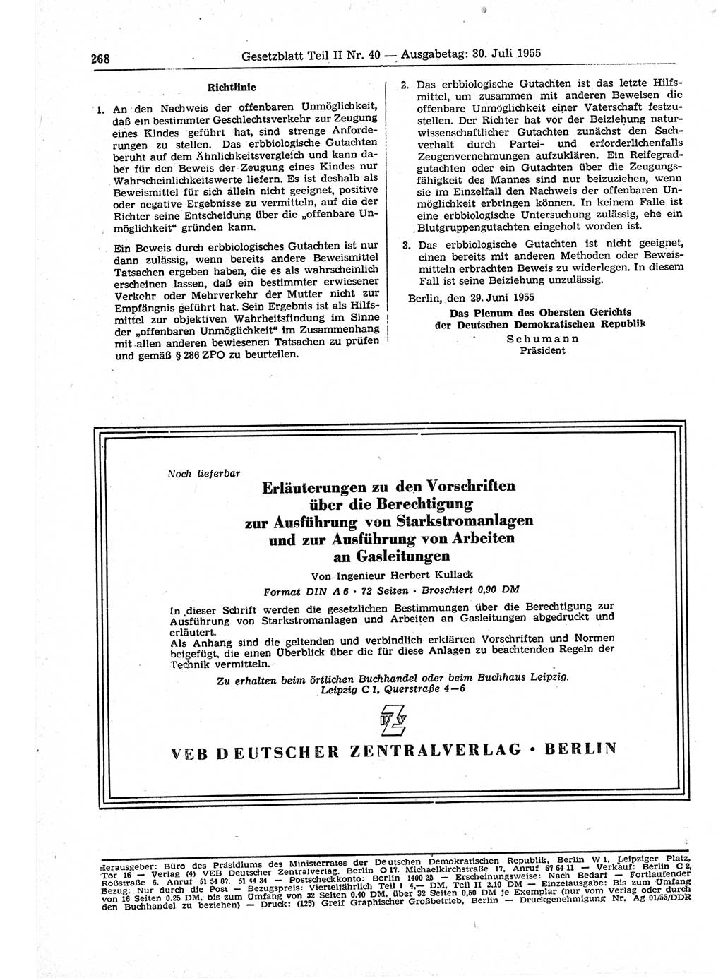 Gesetzblatt (GBl.) der Deutschen Demokratischen Republik (DDR) Teil ⅠⅠ 1955, Seite 268 (GBl. DDR ⅠⅠ 1955, S. 268)