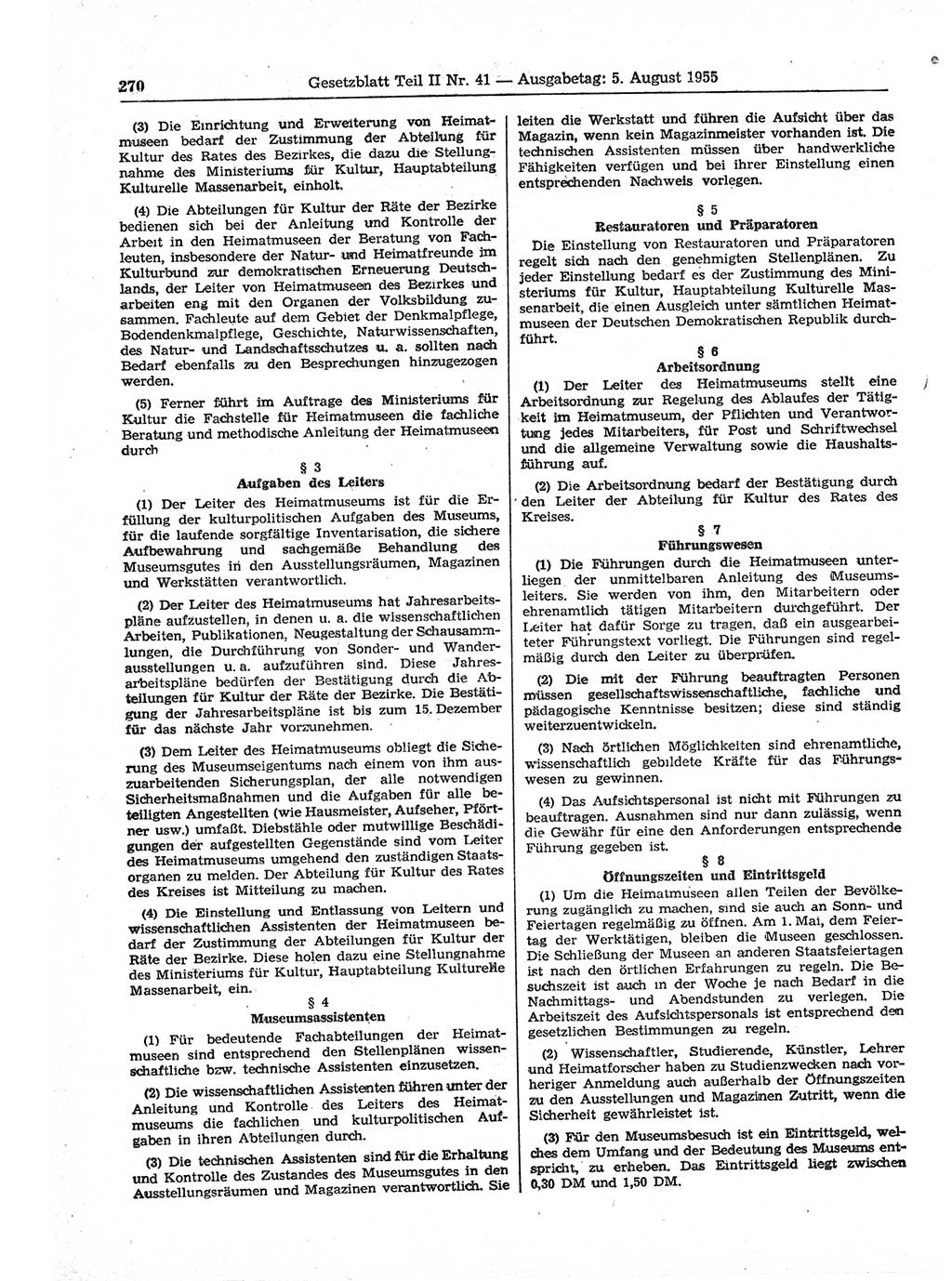 Gesetzblatt (GBl.) der Deutschen Demokratischen Republik (DDR) Teil ⅠⅠ 1955, Seite 270 (GBl. DDR ⅠⅠ 1955, S. 270)