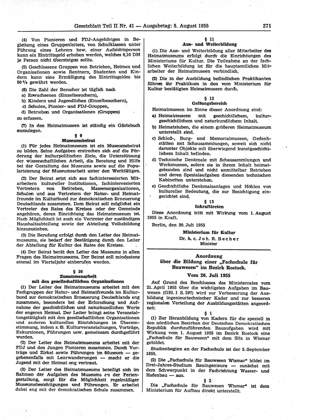 Gesetzblatt (GBl.) der Deutschen Demokratischen Republik (DDR) Teil ⅠⅠ 1955, Seite 271 (GBl. DDR ⅠⅠ 1955, S. 271)