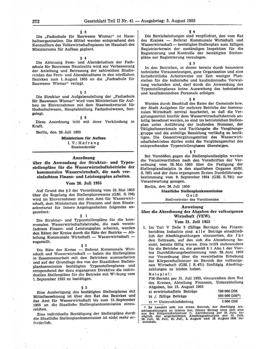 Gesetzblatt (GBl.) der Deutschen Demokratischen Republik (DDR) Teil ⅠⅠ 1955, Seite 272 (GBl. DDR ⅠⅠ 1955, S. 272)