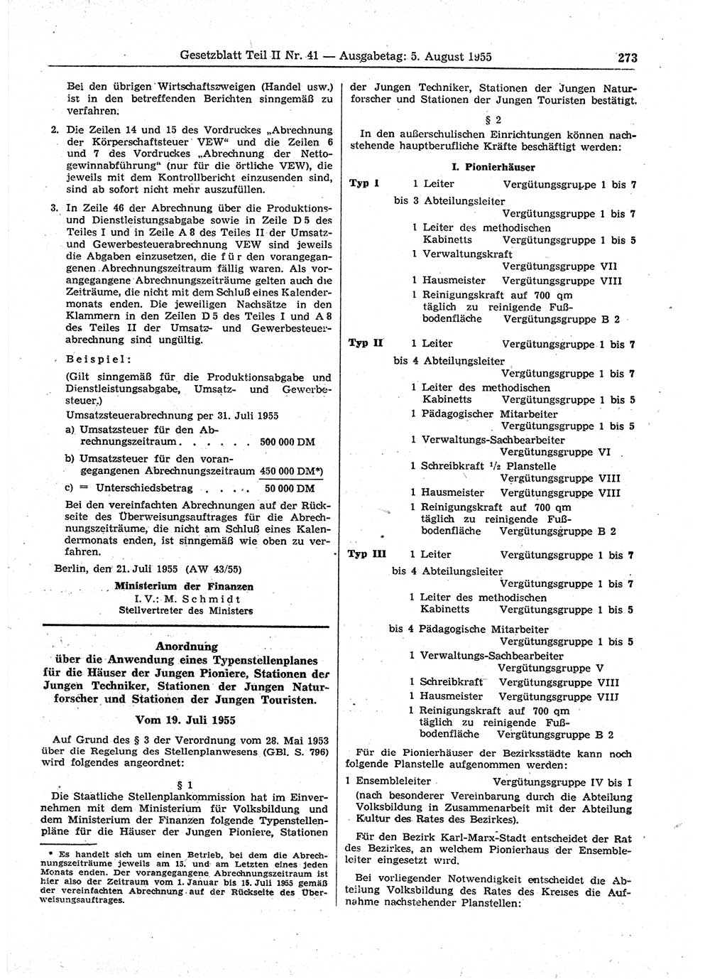 Gesetzblatt (GBl.) der Deutschen Demokratischen Republik (DDR) Teil ⅠⅠ 1955, Seite 273 (GBl. DDR ⅠⅠ 1955, S. 273)