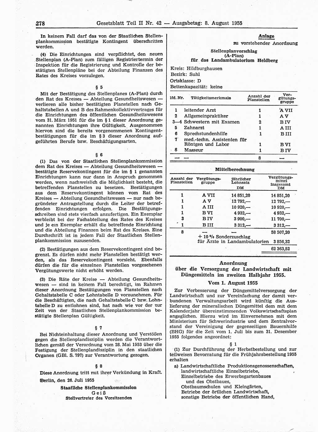 Gesetzblatt (GBl.) der Deutschen Demokratischen Republik (DDR) Teil ⅠⅠ 1955, Seite 278 (GBl. DDR ⅠⅠ 1955, S. 278)