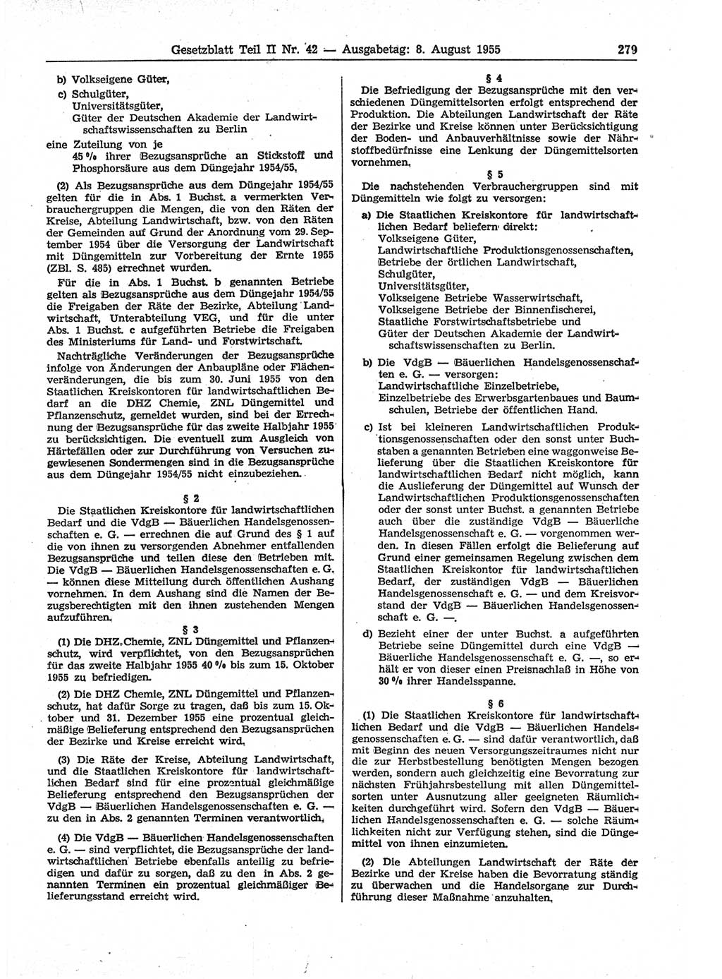 Gesetzblatt (GBl.) der Deutschen Demokratischen Republik (DDR) Teil ⅠⅠ 1955, Seite 279 (GBl. DDR ⅠⅠ 1955, S. 279)