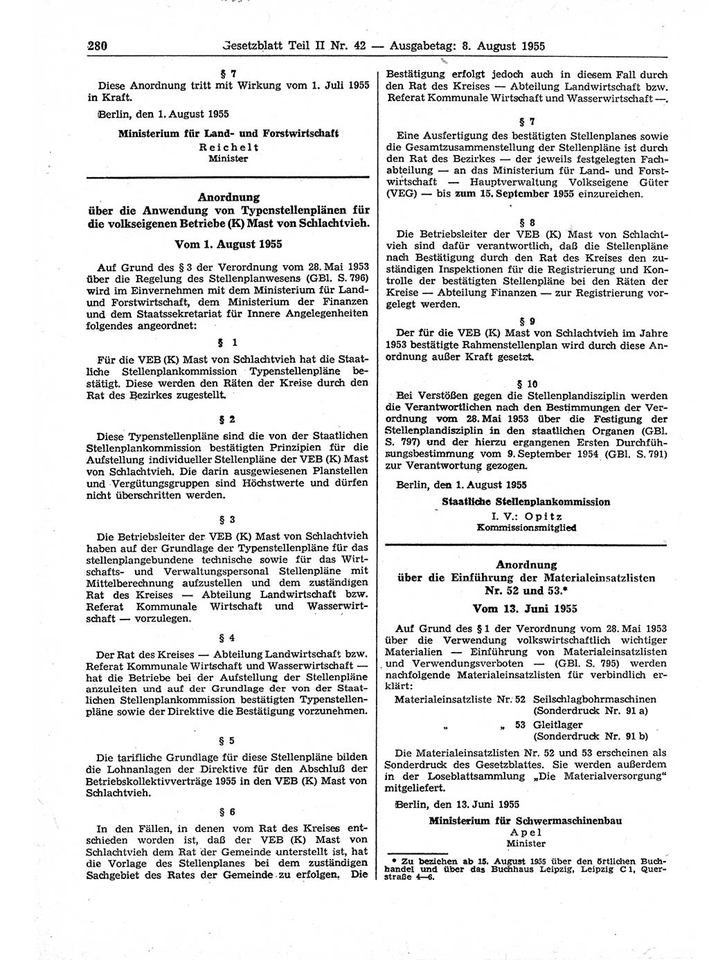 Gesetzblatt (GBl.) der Deutschen Demokratischen Republik (DDR) Teil ⅠⅠ 1955, Seite 280 (GBl. DDR ⅠⅠ 1955, S. 280)