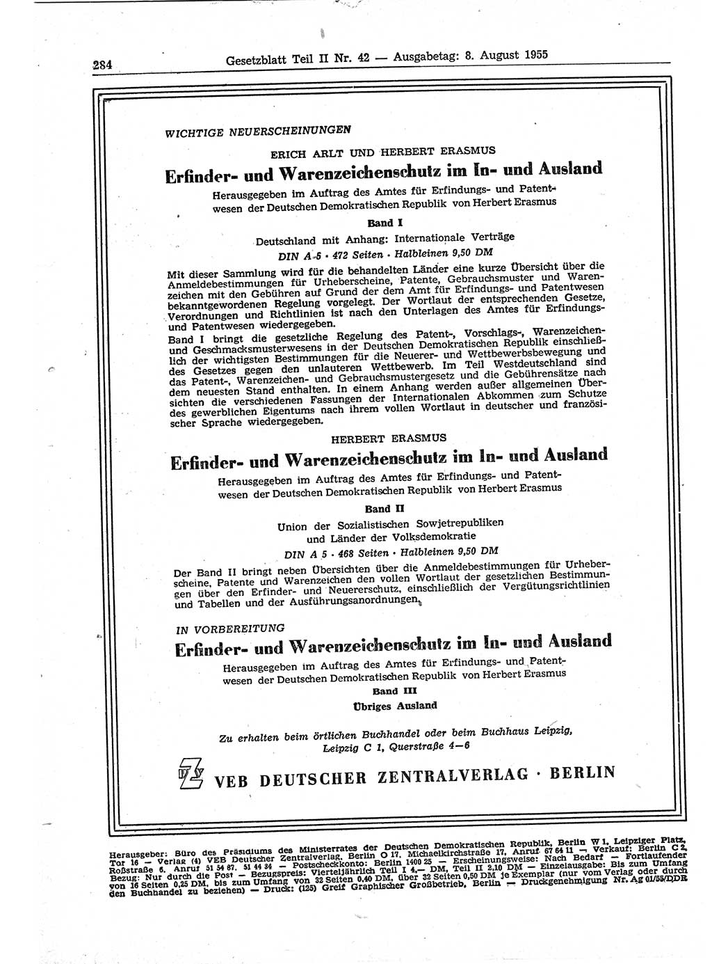 Gesetzblatt (GBl.) der Deutschen Demokratischen Republik (DDR) Teil ⅠⅠ 1955, Seite 284 (GBl. DDR ⅠⅠ 1955, S. 284)
