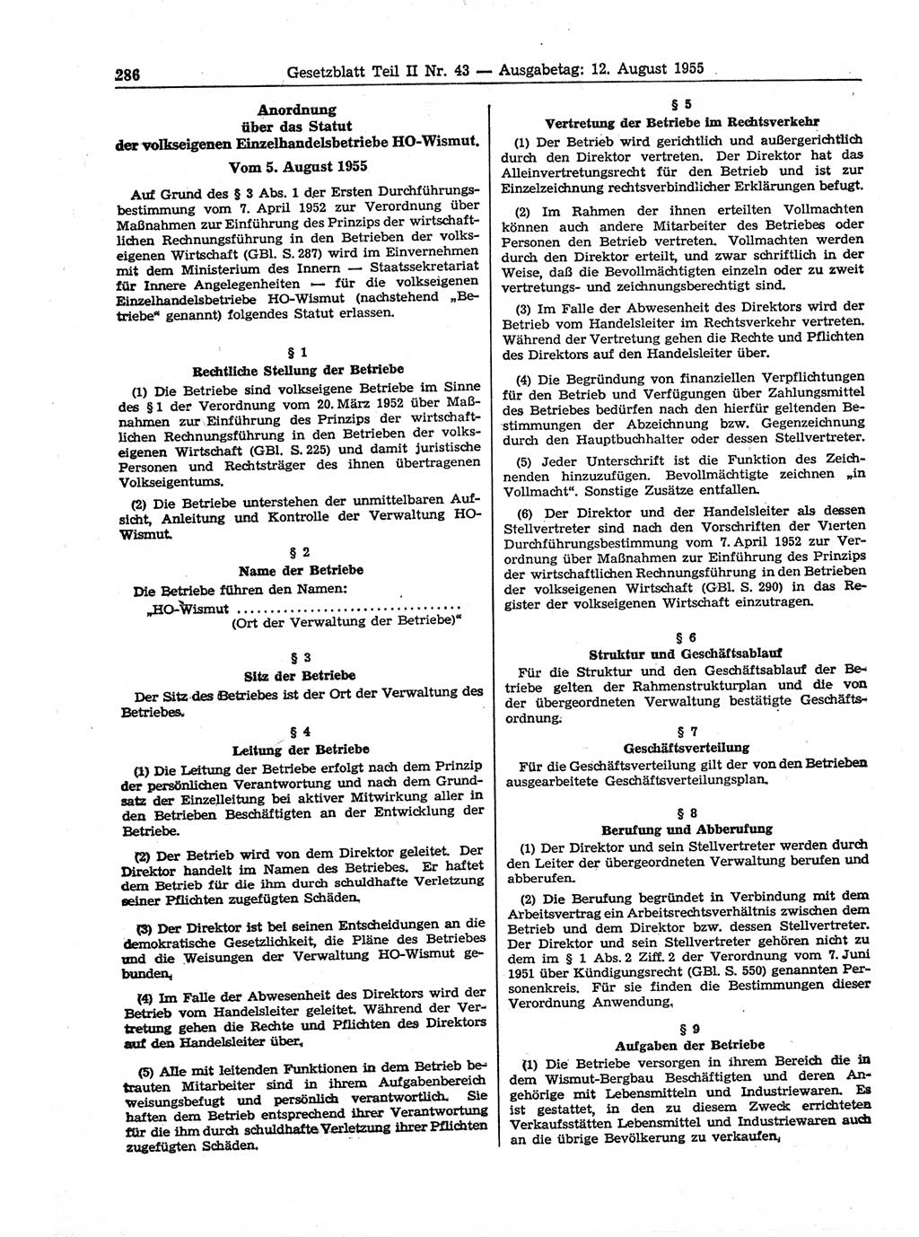 Gesetzblatt (GBl.) der Deutschen Demokratischen Republik (DDR) Teil ⅠⅠ 1955, Seite 286 (GBl. DDR ⅠⅠ 1955, S. 286)