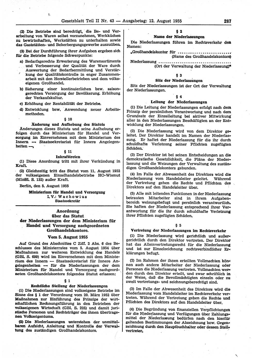 Gesetzblatt (GBl.) der Deutschen Demokratischen Republik (DDR) Teil ⅠⅠ 1955, Seite 287 (GBl. DDR ⅠⅠ 1955, S. 287)