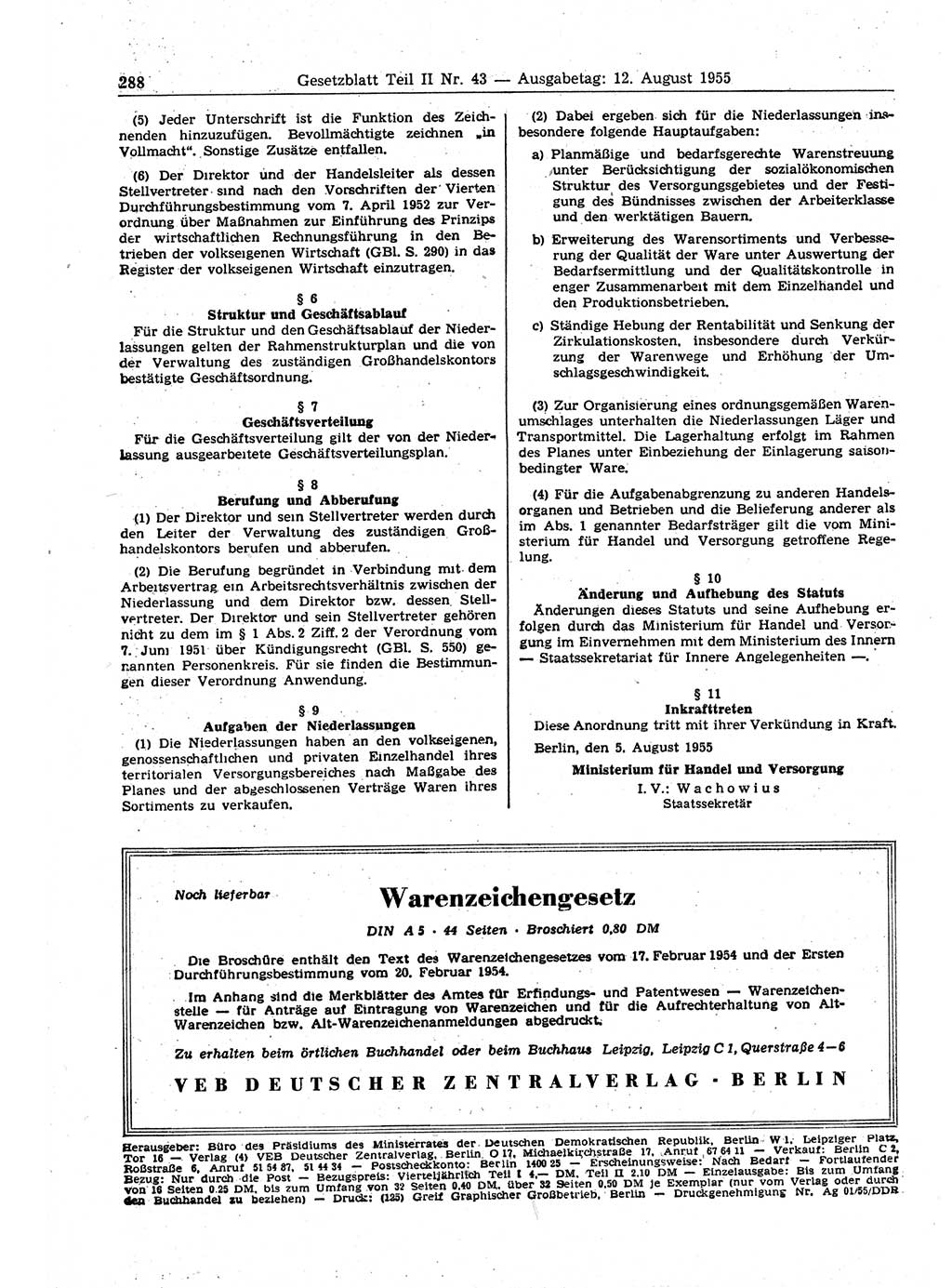 Gesetzblatt (GBl.) der Deutschen Demokratischen Republik (DDR) Teil ⅠⅠ 1955, Seite 288 (GBl. DDR ⅠⅠ 1955, S. 288)