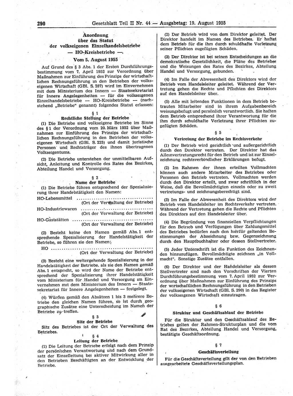 Gesetzblatt (GBl.) der Deutschen Demokratischen Republik (DDR) Teil ⅠⅠ 1955, Seite 290 (GBl. DDR ⅠⅠ 1955, S. 290)