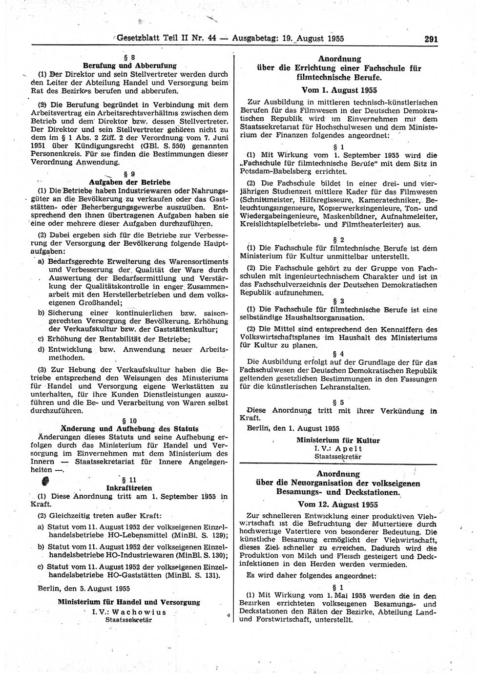 Gesetzblatt (GBl.) der Deutschen Demokratischen Republik (DDR) Teil ⅠⅠ 1955, Seite 291 (GBl. DDR ⅠⅠ 1955, S. 291)