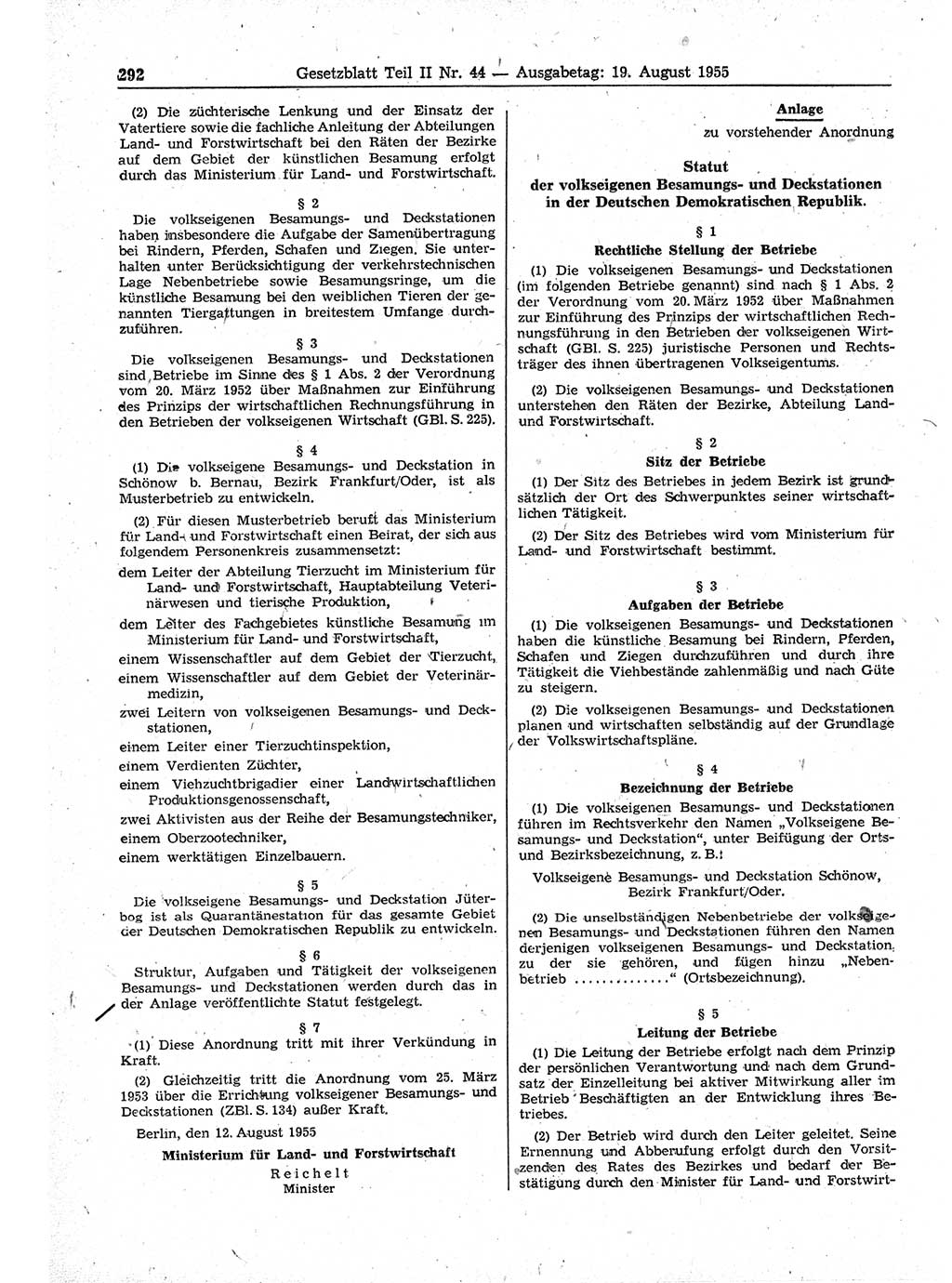 Gesetzblatt (GBl.) der Deutschen Demokratischen Republik (DDR) Teil ⅠⅠ 1955, Seite 292 (GBl. DDR ⅠⅠ 1955, S. 292)