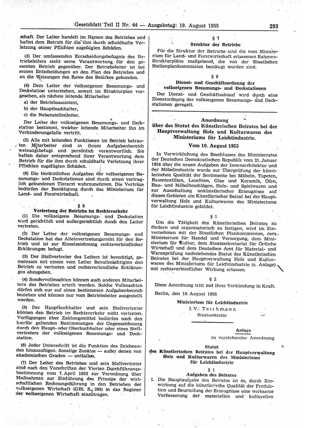 Gesetzblatt (GBl.) der Deutschen Demokratischen Republik (DDR) Teil ⅠⅠ 1955, Seite 293 (GBl. DDR ⅠⅠ 1955, S. 293)