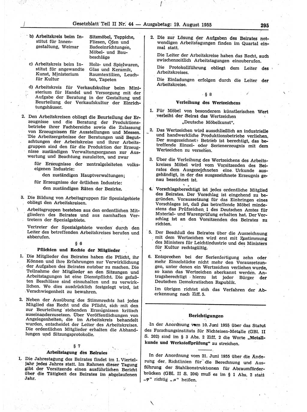 Gesetzblatt (GBl.) der Deutschen Demokratischen Republik (DDR) Teil ⅠⅠ 1955, Seite 295 (GBl. DDR ⅠⅠ 1955, S. 295)