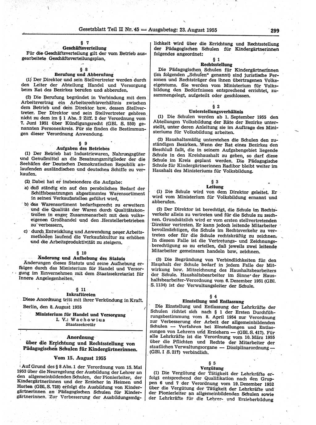 Gesetzblatt (GBl.) der Deutschen Demokratischen Republik (DDR) Teil ⅠⅠ 1955, Seite 299 (GBl. DDR ⅠⅠ 1955, S. 299)