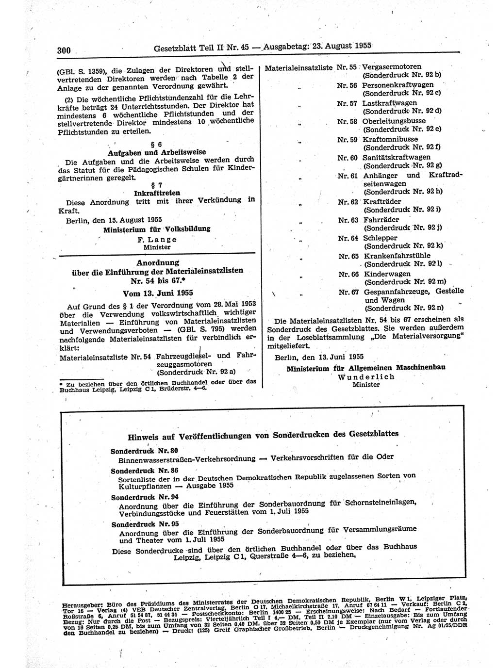 Gesetzblatt (GBl.) der Deutschen Demokratischen Republik (DDR) Teil ⅠⅠ 1955, Seite 300 (GBl. DDR ⅠⅠ 1955, S. 300)