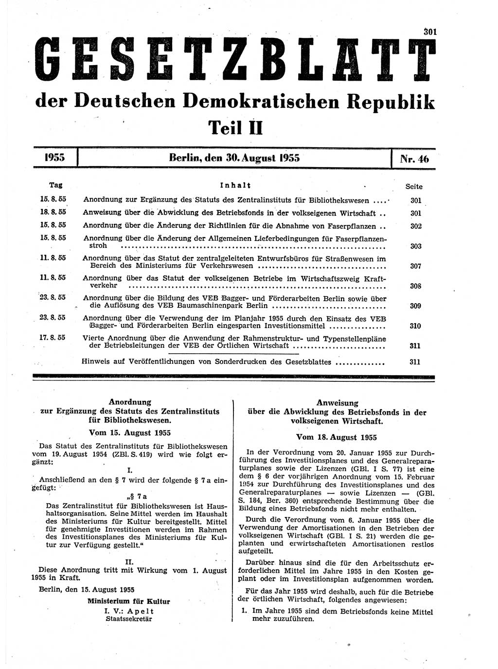 Gesetzblatt (GBl.) der Deutschen Demokratischen Republik (DDR) Teil ⅠⅠ 1955, Seite 301 (GBl. DDR ⅠⅠ 1955, S. 301)