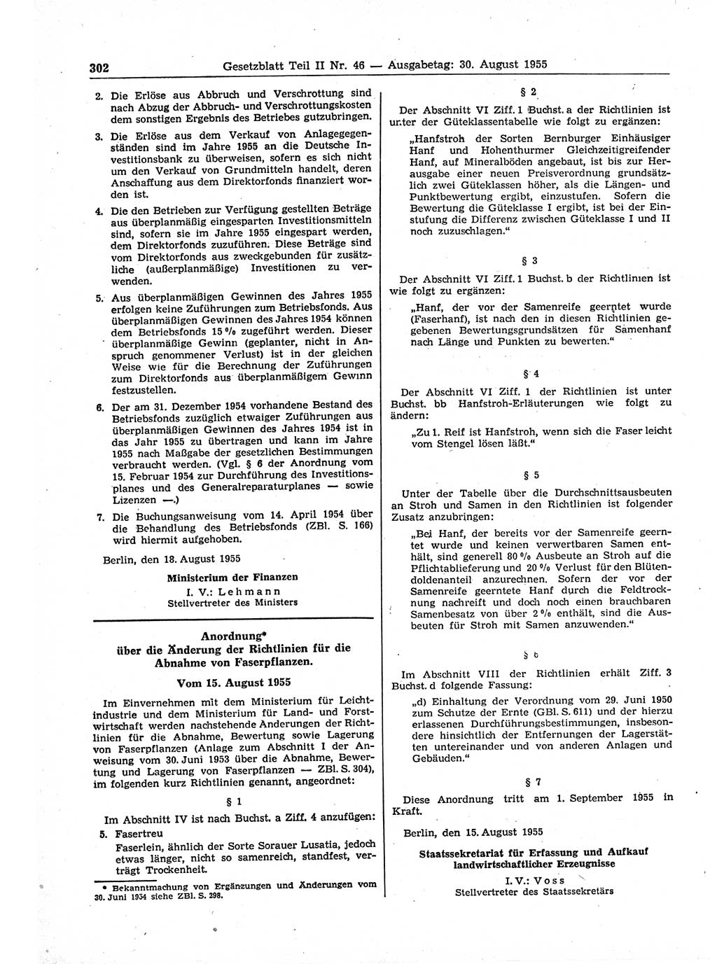 Gesetzblatt (GBl.) der Deutschen Demokratischen Republik (DDR) Teil ⅠⅠ 1955, Seite 302 (GBl. DDR ⅠⅠ 1955, S. 302)