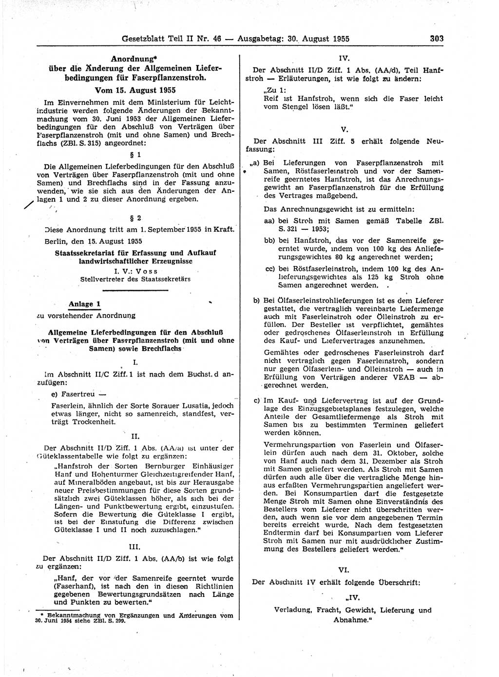 Gesetzblatt (GBl.) der Deutschen Demokratischen Republik (DDR) Teil ⅠⅠ 1955, Seite 303 (GBl. DDR ⅠⅠ 1955, S. 303)