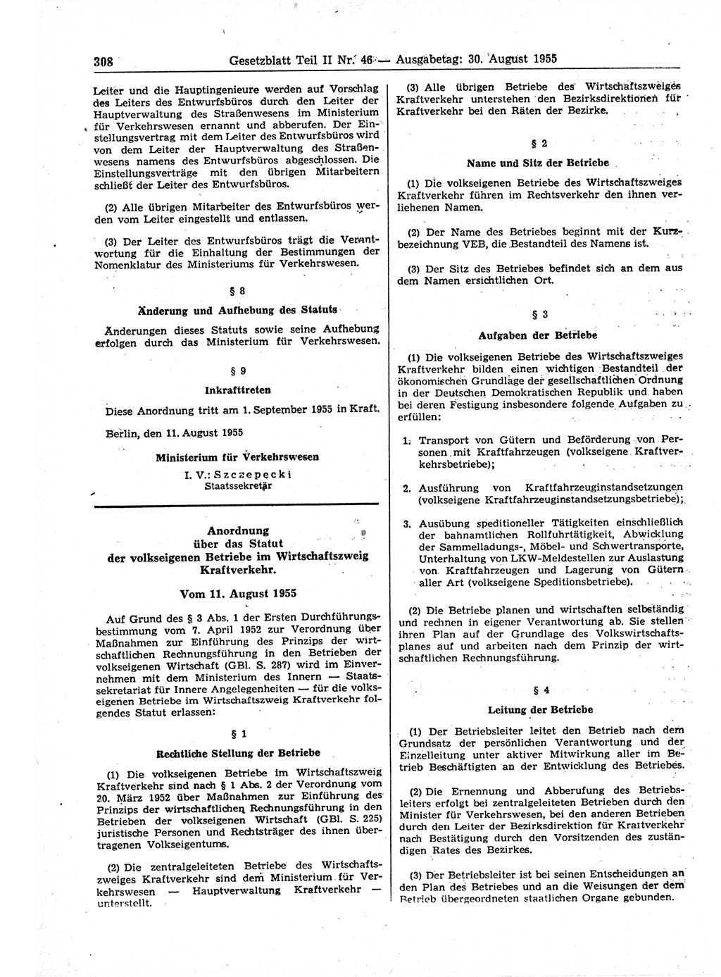 Gesetzblatt (GBl.) der Deutschen Demokratischen Republik (DDR) Teil ⅠⅠ 1955, Seite 308 (GBl. DDR ⅠⅠ 1955, S. 308)