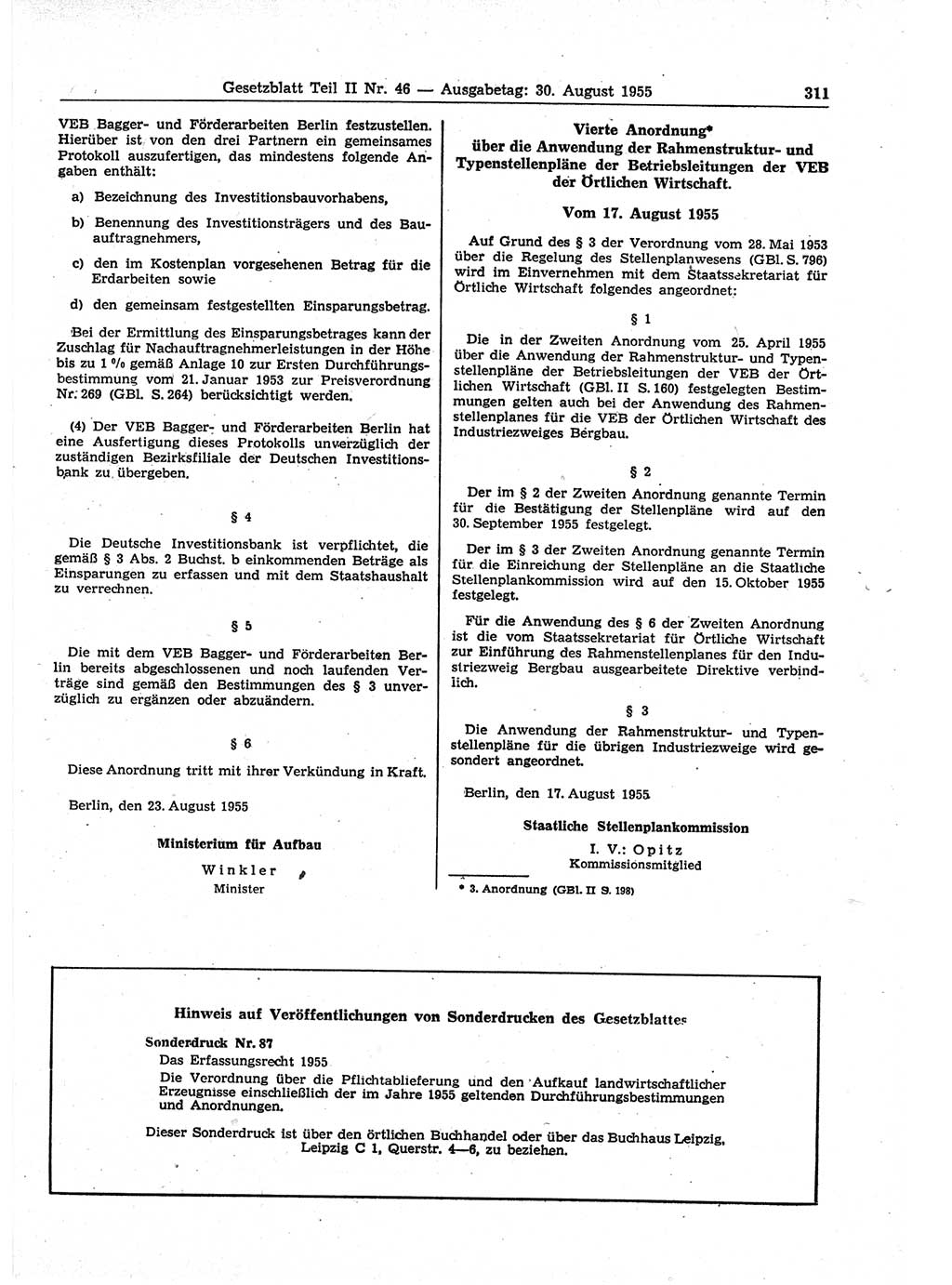 Gesetzblatt (GBl.) der Deutschen Demokratischen Republik (DDR) Teil ⅠⅠ 1955, Seite 311 (GBl. DDR ⅠⅠ 1955, S. 311)
