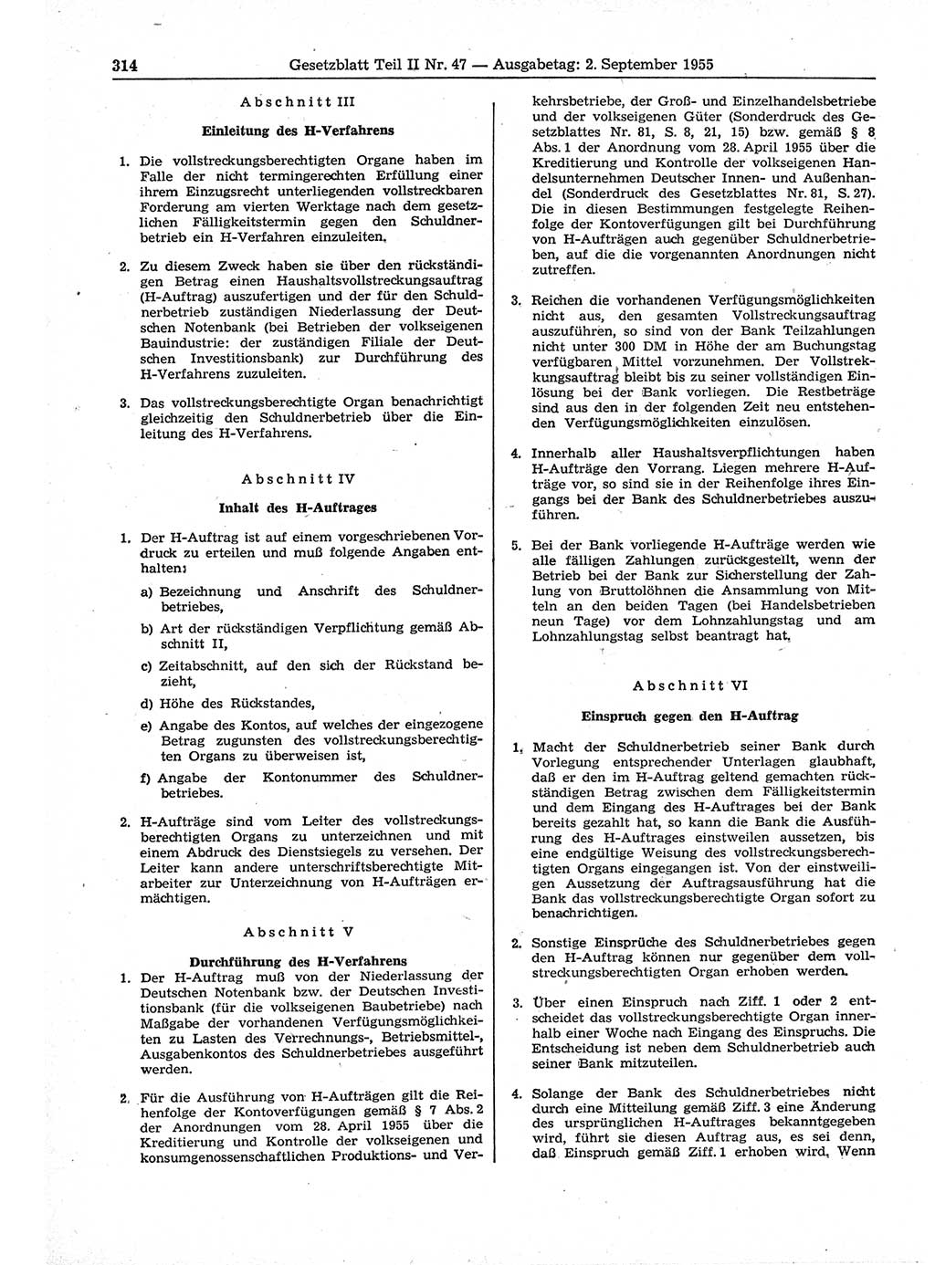 Gesetzblatt (GBl.) der Deutschen Demokratischen Republik (DDR) Teil ⅠⅠ 1955, Seite 314 (GBl. DDR ⅠⅠ 1955, S. 314)