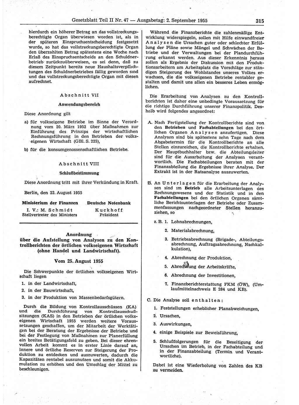 Gesetzblatt (GBl.) der Deutschen Demokratischen Republik (DDR) Teil ⅠⅠ 1955, Seite 315 (GBl. DDR ⅠⅠ 1955, S. 315)