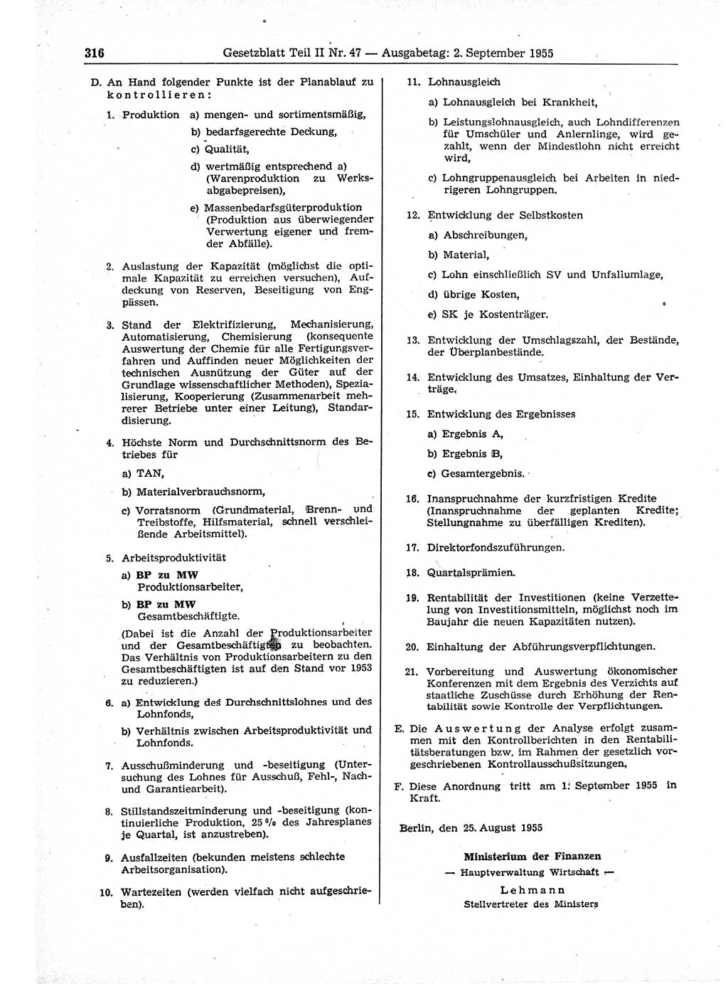 Gesetzblatt (GBl.) der Deutschen Demokratischen Republik (DDR) Teil ⅠⅠ 1955, Seite 316 (GBl. DDR ⅠⅠ 1955, S. 316)