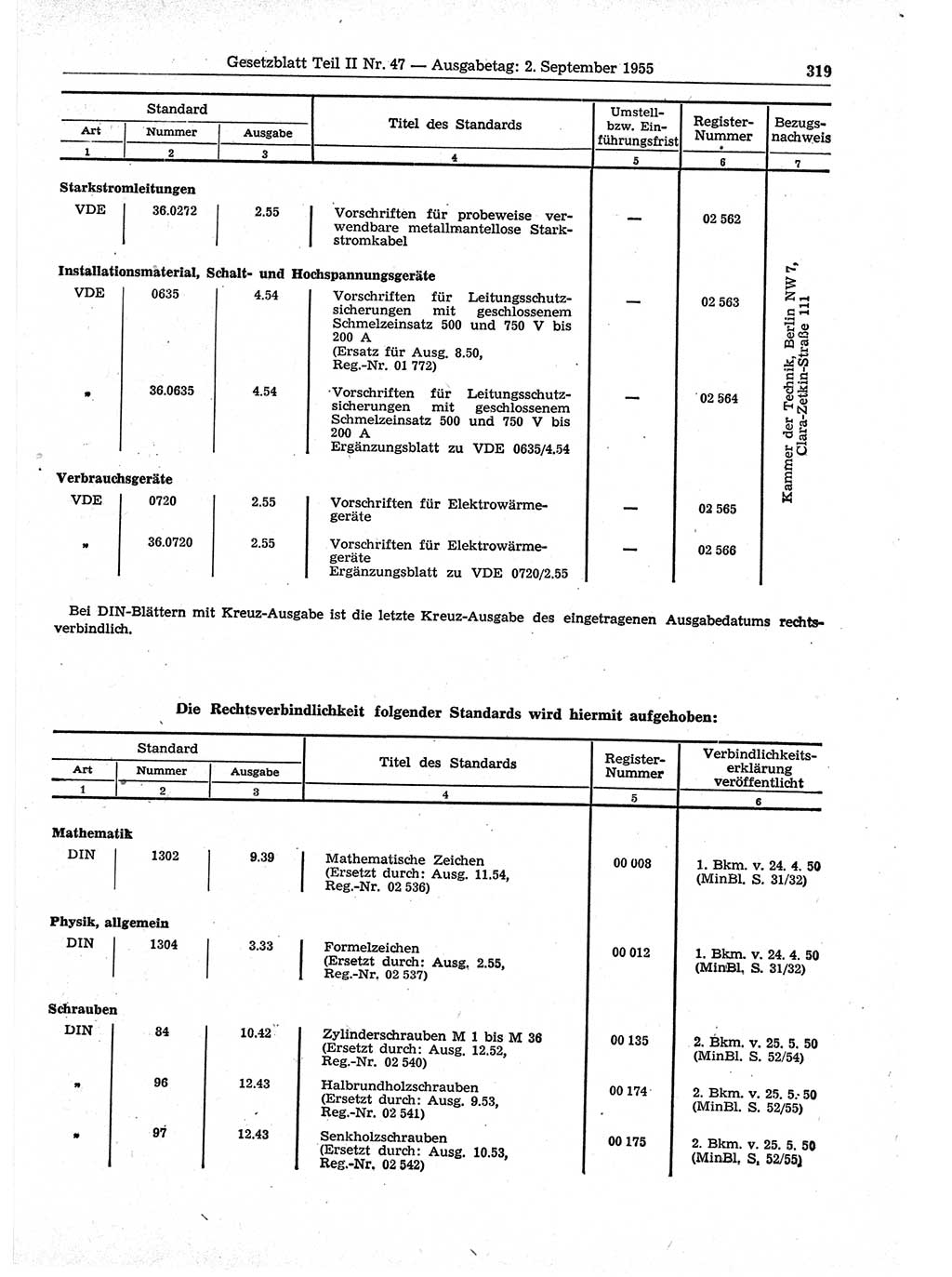 Gesetzblatt (GBl.) der Deutschen Demokratischen Republik (DDR) Teil ⅠⅠ 1955, Seite 319 (GBl. DDR ⅠⅠ 1955, S. 319)