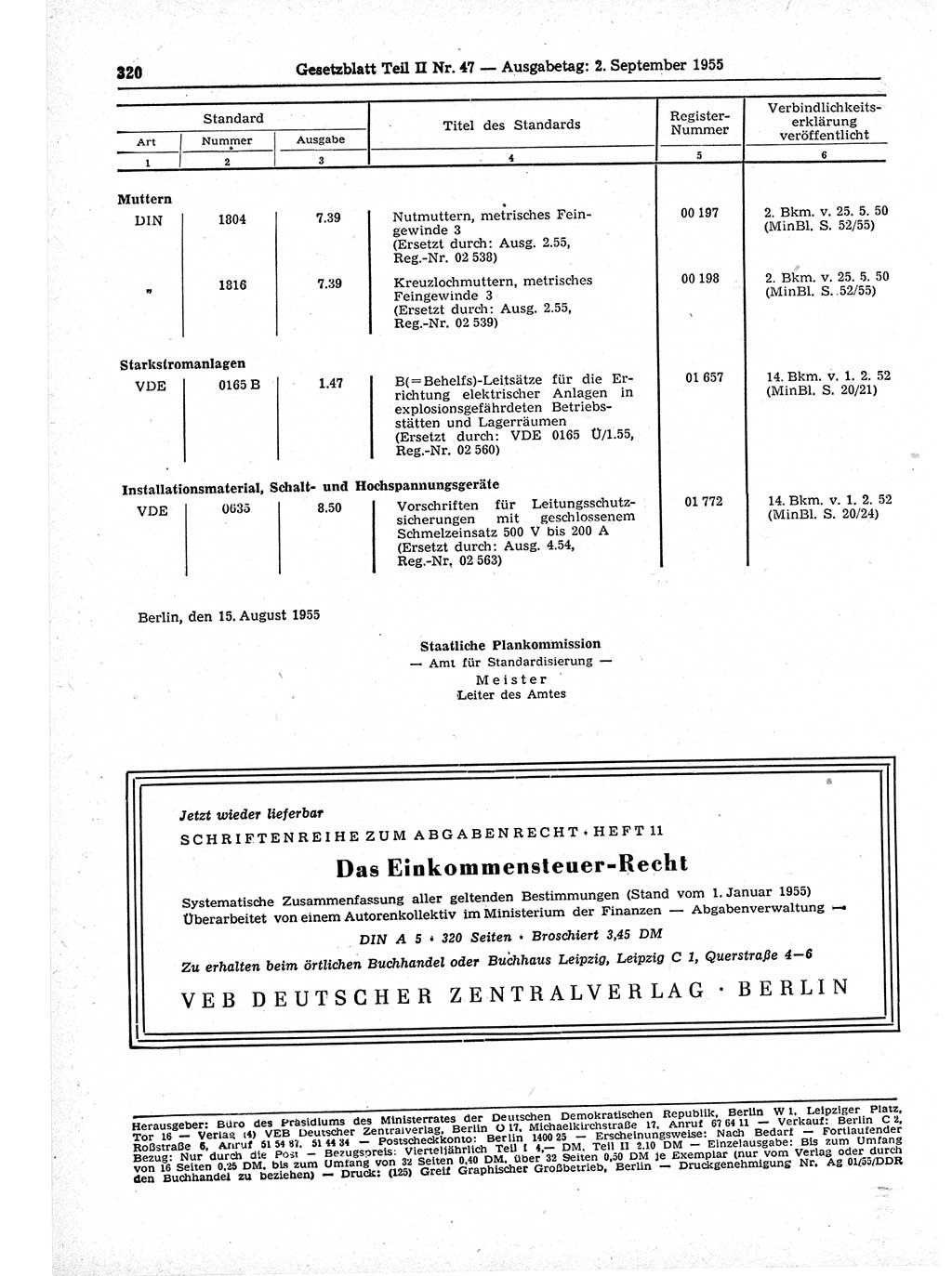 Gesetzblatt (GBl.) der Deutschen Demokratischen Republik (DDR) Teil ⅠⅠ 1955, Seite 320 (GBl. DDR ⅠⅠ 1955, S. 320)