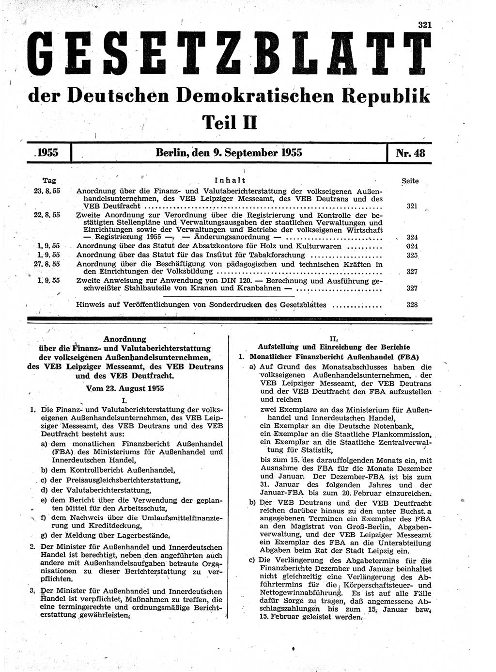 Gesetzblatt (GBl.) der Deutschen Demokratischen Republik (DDR) Teil ⅠⅠ 1955, Seite 321 (GBl. DDR ⅠⅠ 1955, S. 321)