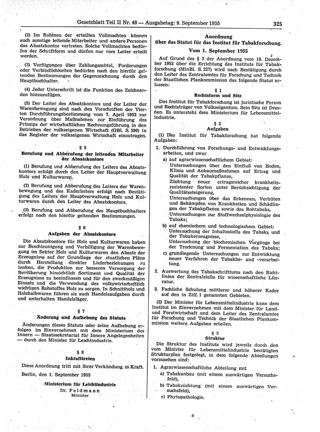 Gesetzblatt (GBl.) der Deutschen Demokratischen Republik (DDR) Teil ⅠⅠ 1955, Seite 325 (GBl. DDR ⅠⅠ 1955, S. 325)