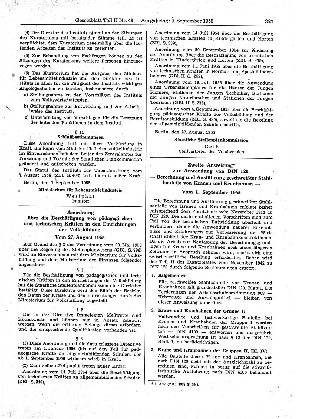 Gesetzblatt (GBl.) der Deutschen Demokratischen Republik (DDR) Teil ⅠⅠ 1955, Seite 327 (GBl. DDR ⅠⅠ 1955, S. 327)