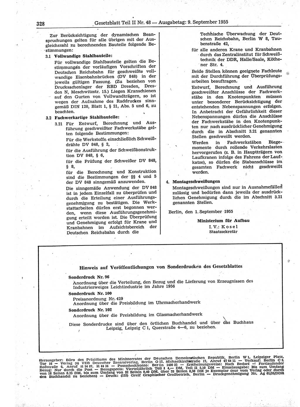 Gesetzblatt (GBl.) der Deutschen Demokratischen Republik (DDR) Teil ⅠⅠ 1955, Seite 328 (GBl. DDR ⅠⅠ 1955, S. 328)