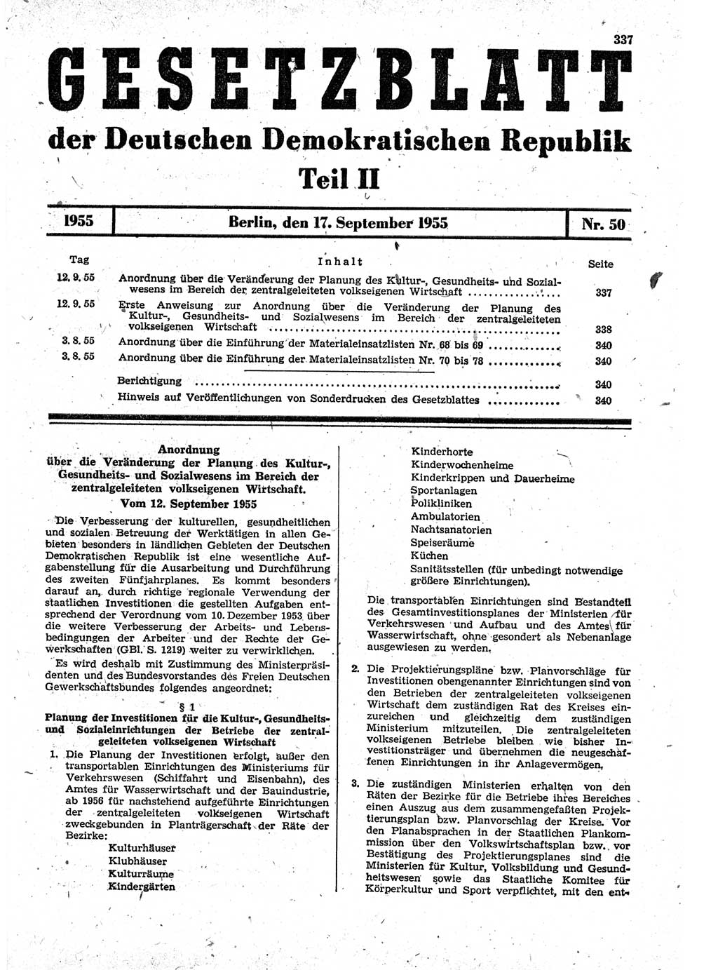 Gesetzblatt (GBl.) der Deutschen Demokratischen Republik (DDR) Teil ⅠⅠ 1955, Seite 337 (GBl. DDR ⅠⅠ 1955, S. 337)