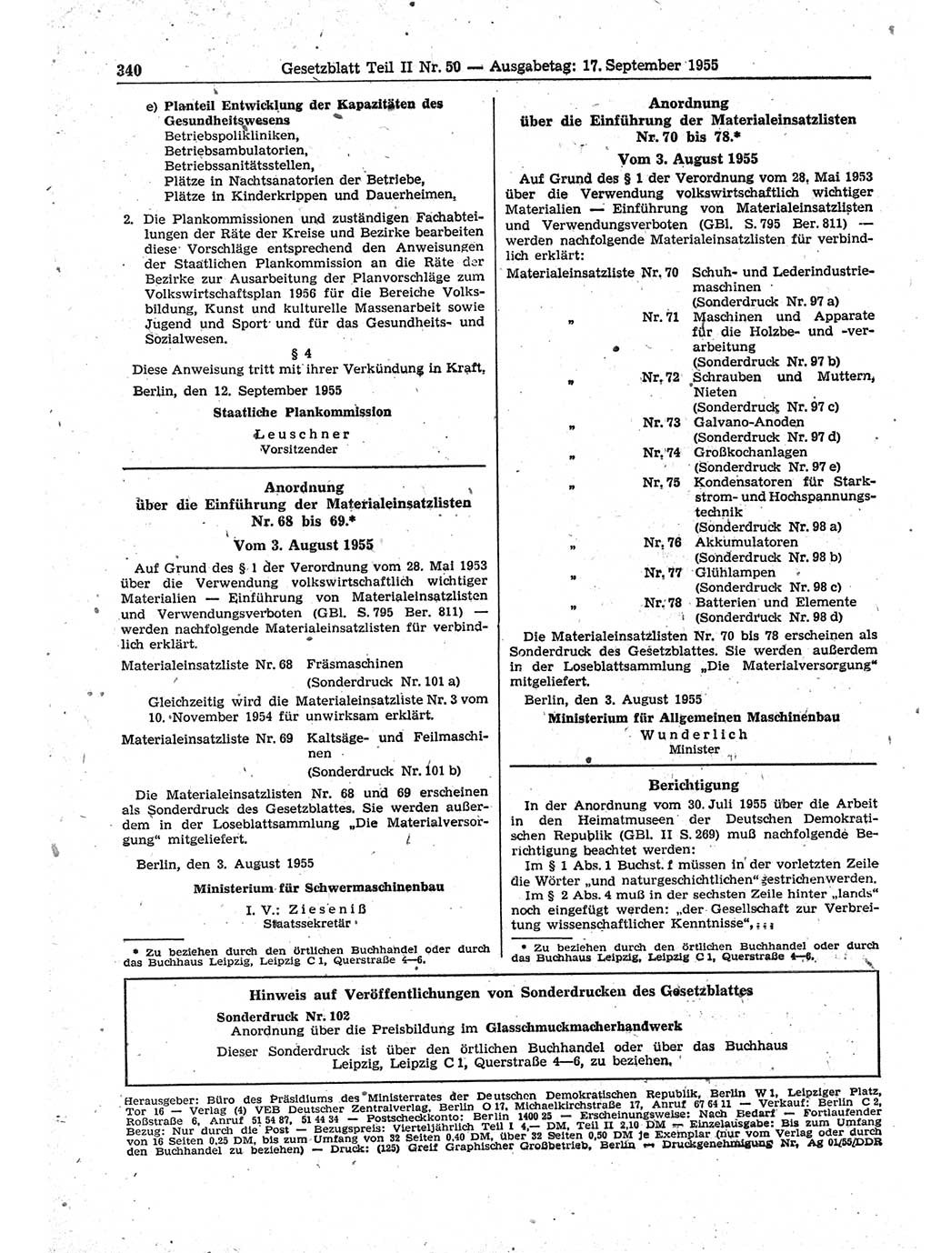 Gesetzblatt (GBl.) der Deutschen Demokratischen Republik (DDR) Teil ⅠⅠ 1955, Seite 340 (GBl. DDR ⅠⅠ 1955, S. 340)