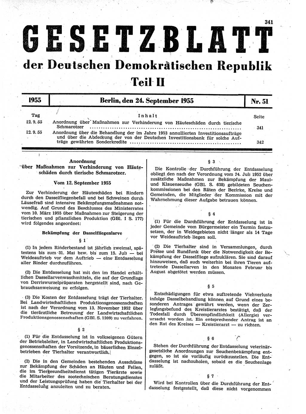Gesetzblatt (GBl.) der Deutschen Demokratischen Republik (DDR) Teil ⅠⅠ 1955, Seite 341 (GBl. DDR ⅠⅠ 1955, S. 341)