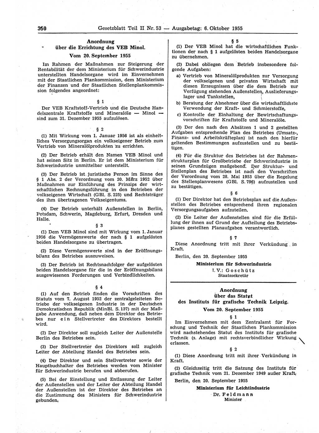 Gesetzblatt (GBl.) der Deutschen Demokratischen Republik (DDR) Teil ⅠⅠ 1955, Seite 350 (GBl. DDR ⅠⅠ 1955, S. 350)