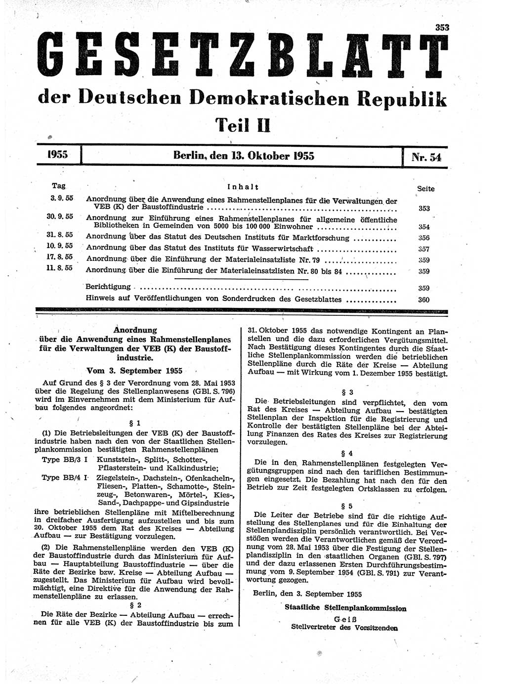 Gesetzblatt (GBl.) der Deutschen Demokratischen Republik (DDR) Teil ⅠⅠ 1955, Seite 353 (GBl. DDR ⅠⅠ 1955, S. 353)