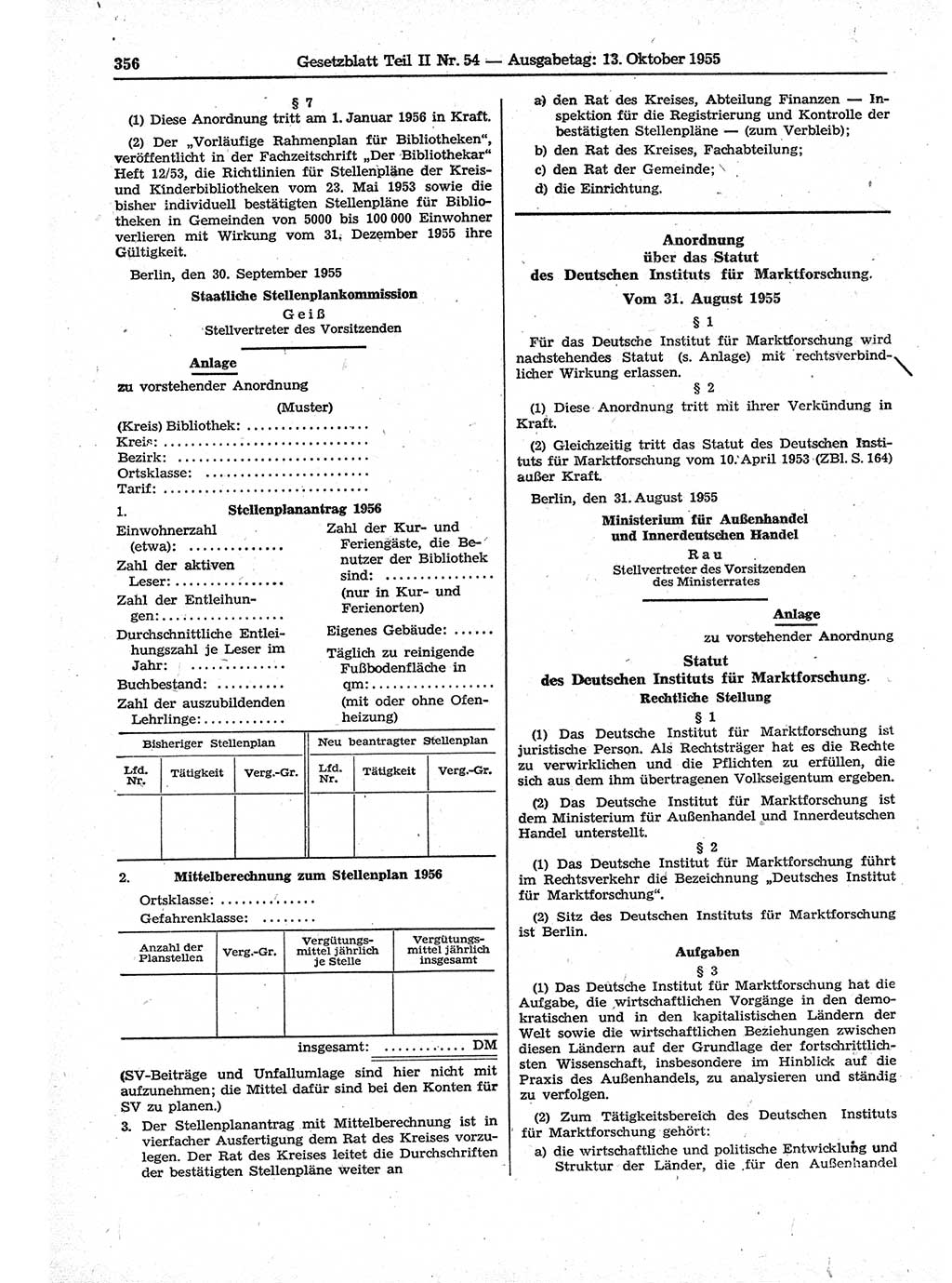 Gesetzblatt (GBl.) der Deutschen Demokratischen Republik (DDR) Teil ⅠⅠ 1955, Seite 356 (GBl. DDR ⅠⅠ 1955, S. 356)