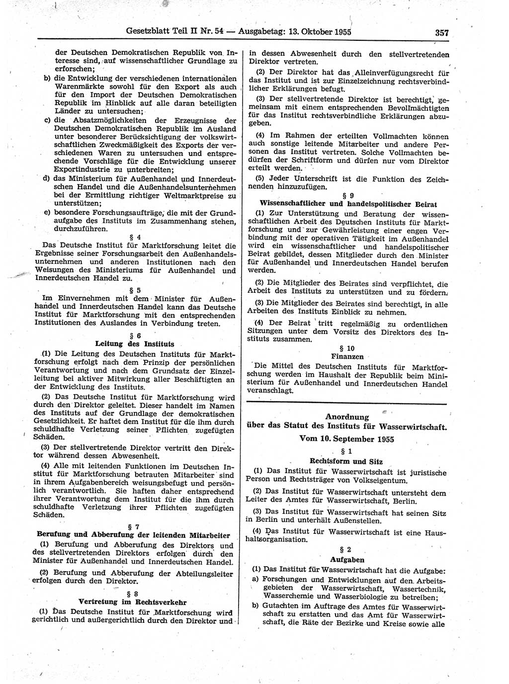 Gesetzblatt (GBl.) der Deutschen Demokratischen Republik (DDR) Teil ⅠⅠ 1955, Seite 357 (GBl. DDR ⅠⅠ 1955, S. 357)