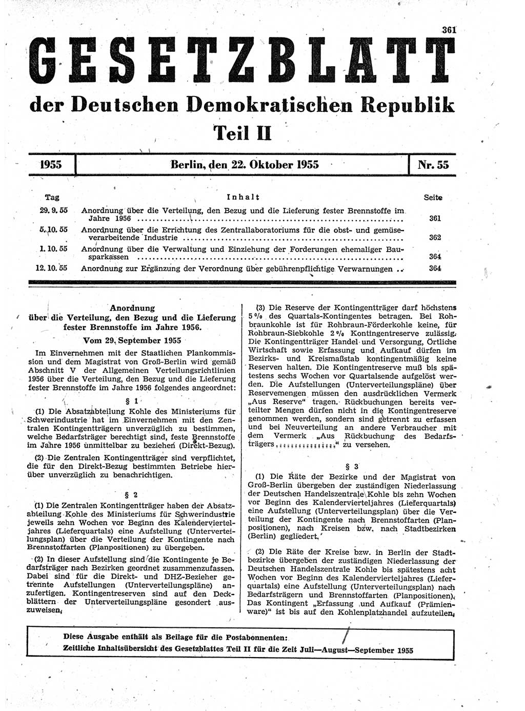 Gesetzblatt (GBl.) der Deutschen Demokratischen Republik (DDR) Teil ⅠⅠ 1955, Seite 361 (GBl. DDR ⅠⅠ 1955, S. 361)
