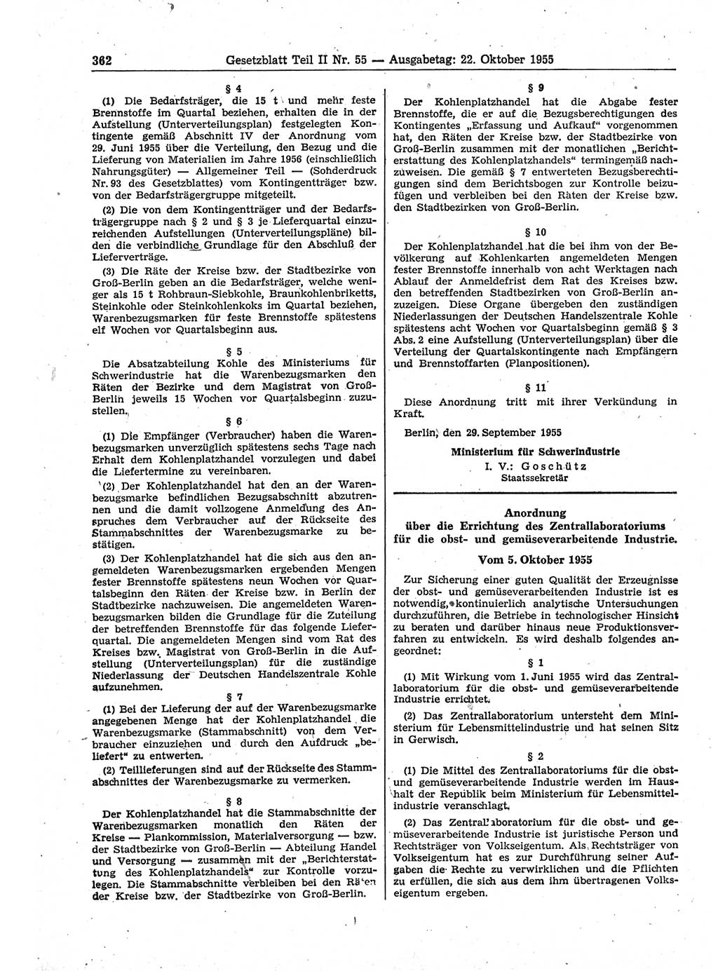 Gesetzblatt (GBl.) der Deutschen Demokratischen Republik (DDR) Teil â… â… 1955, Seite 362 (GBl. DDR â… â… 1955, S. 362)
