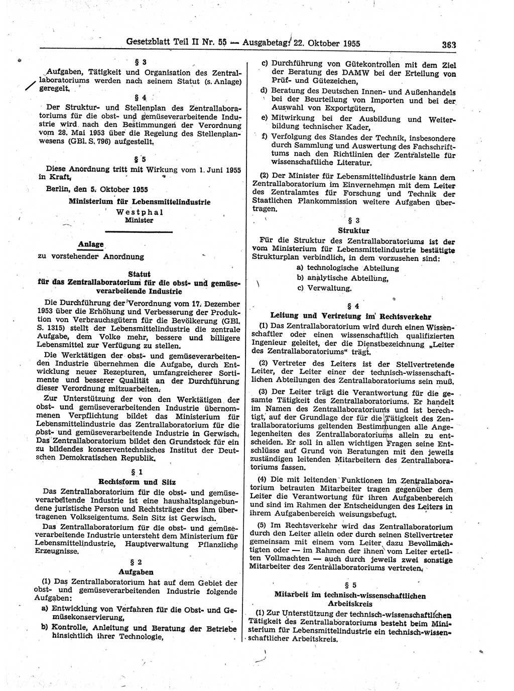 Gesetzblatt (GBl.) der Deutschen Demokratischen Republik (DDR) Teil ⅠⅠ 1955, Seite 363 (GBl. DDR ⅠⅠ 1955, S. 363)