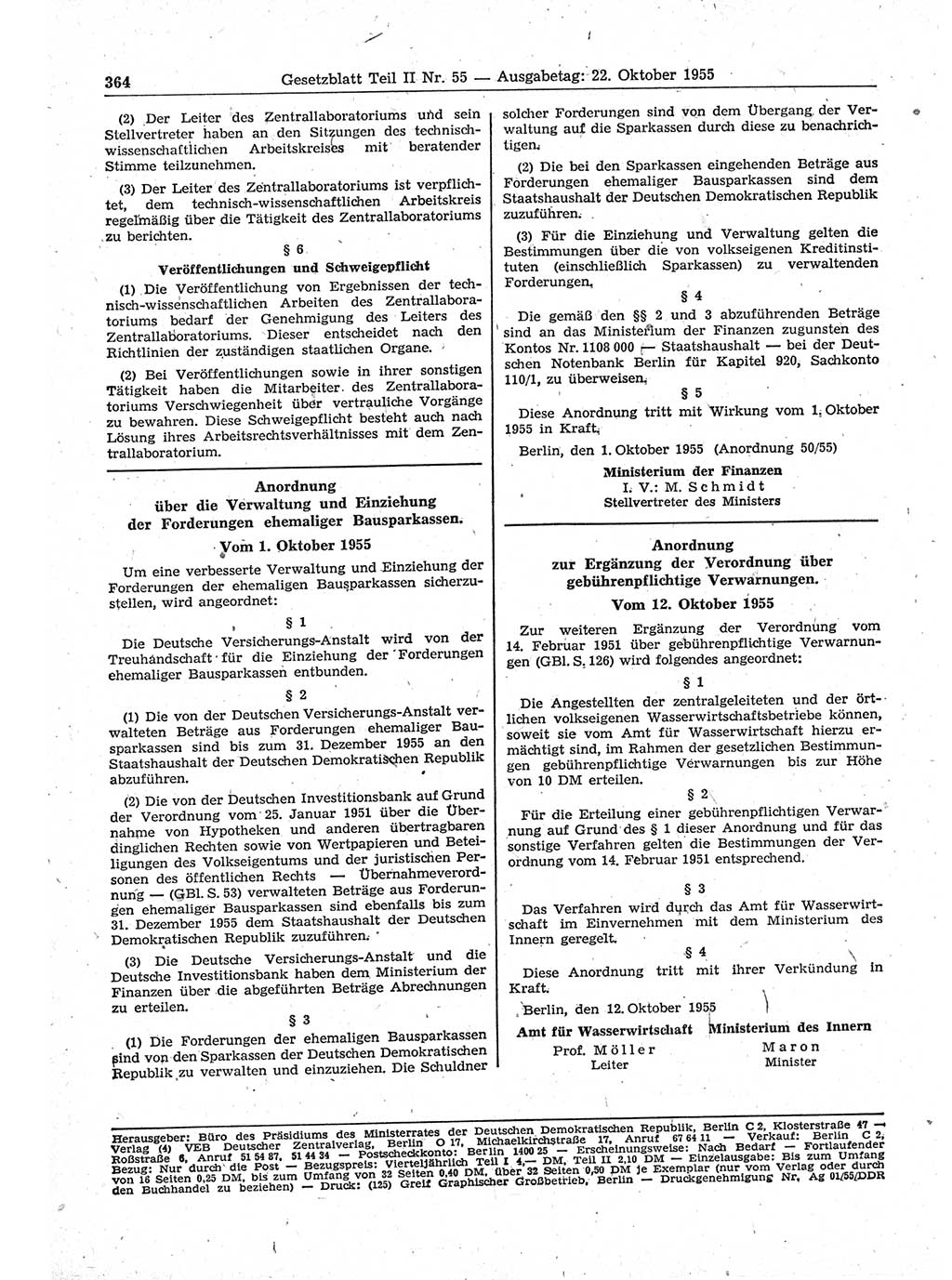 Gesetzblatt (GBl.) der Deutschen Demokratischen Republik (DDR) Teil ⅠⅠ 1955, Seite 364 (GBl. DDR ⅠⅠ 1955, S. 364)