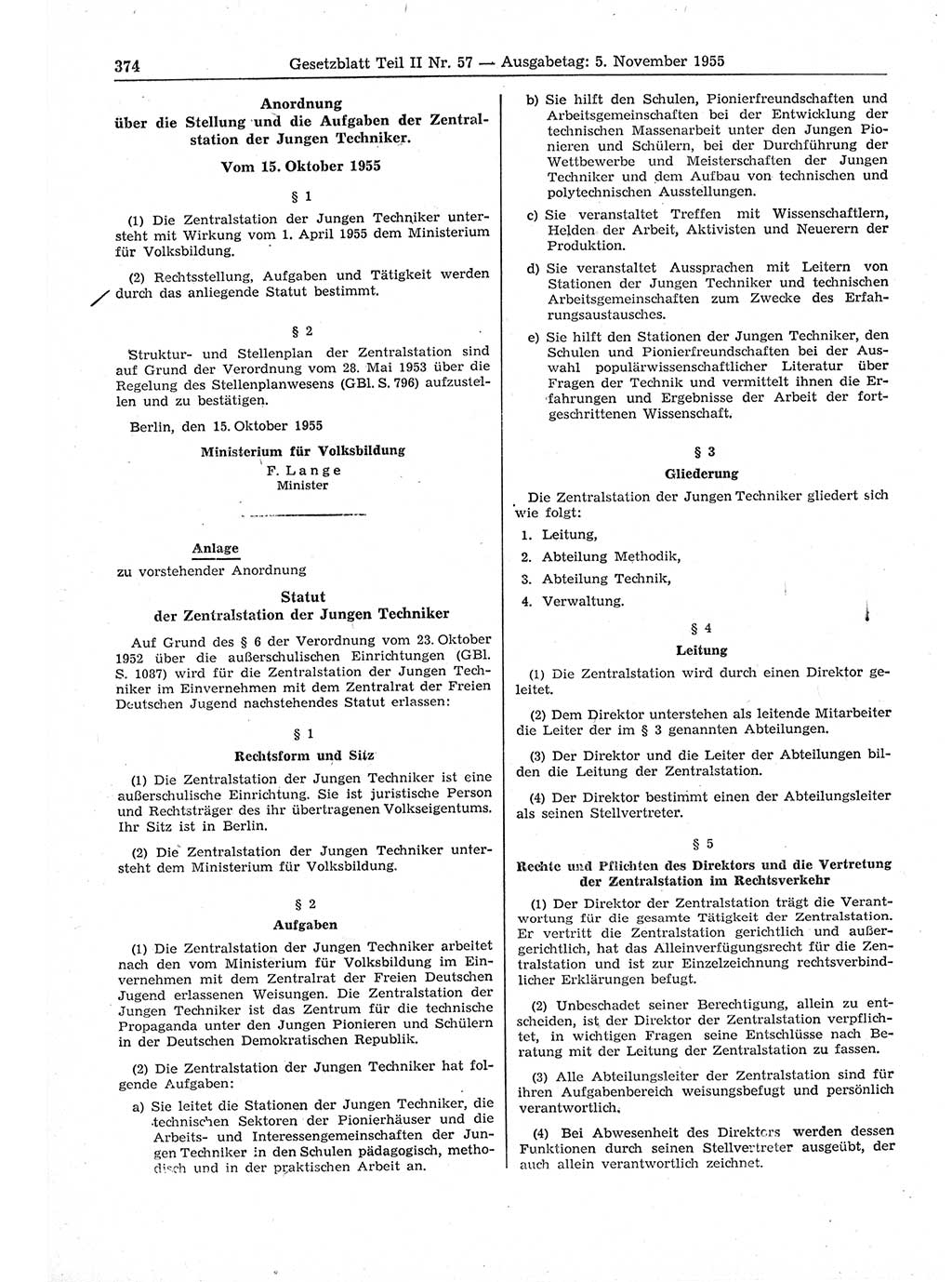 Gesetzblatt (GBl.) der Deutschen Demokratischen Republik (DDR) Teil ⅠⅠ 1955, Seite 374 (GBl. DDR ⅠⅠ 1955, S. 374)