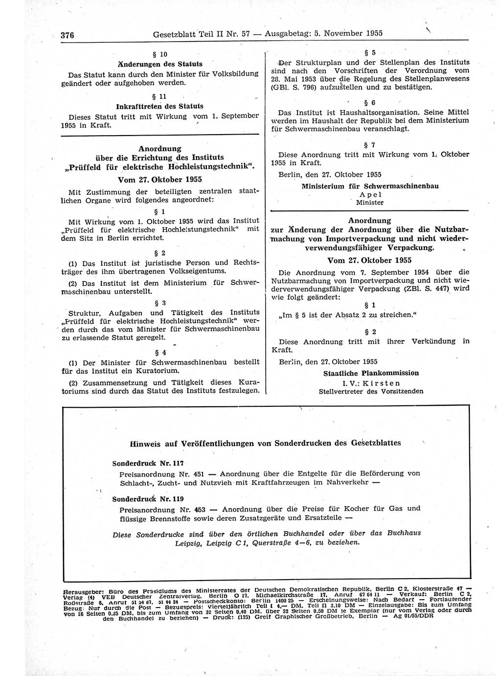 Gesetzblatt (GBl.) der Deutschen Demokratischen Republik (DDR) Teil ⅠⅠ 1955, Seite 376 (GBl. DDR ⅠⅠ 1955, S. 376)